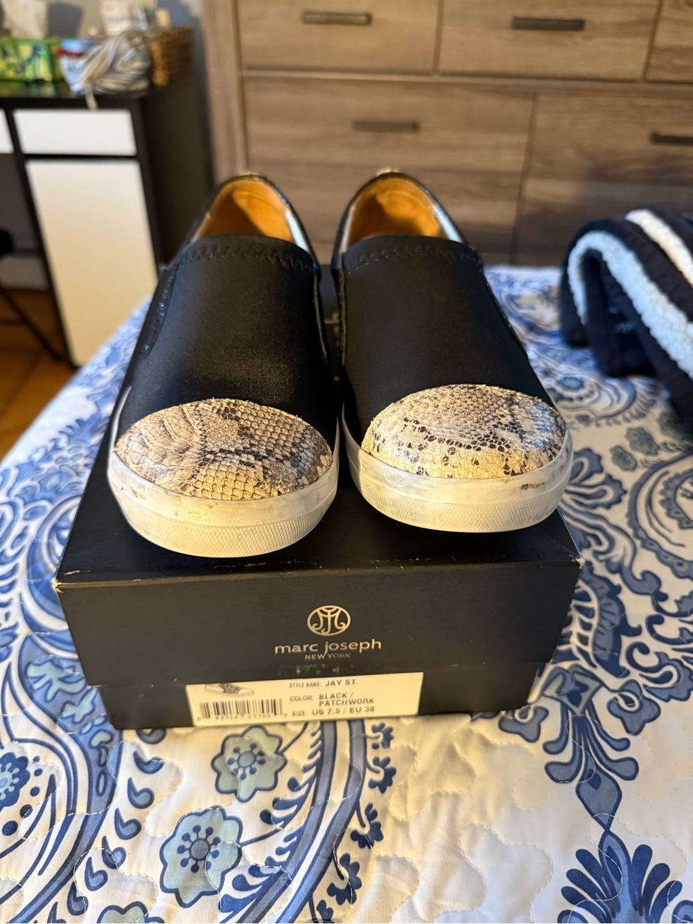 Marc Joseph Black Espadrilles with Snake-Print Toe Caps